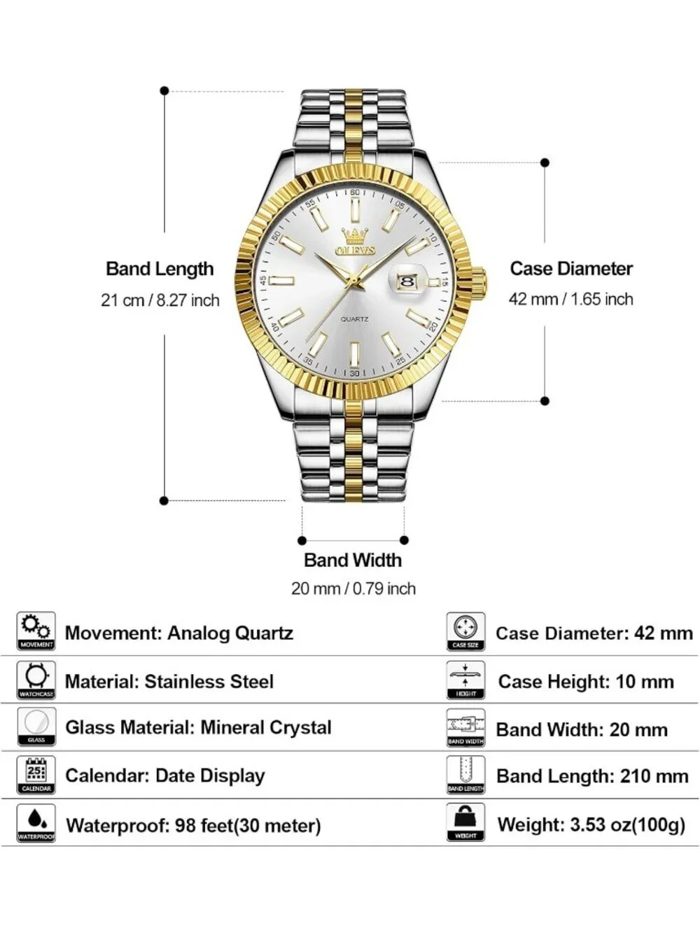 Olevs Mens Silver Gold Luxury Stainless White Face Analog Quartz Luminous Watch
